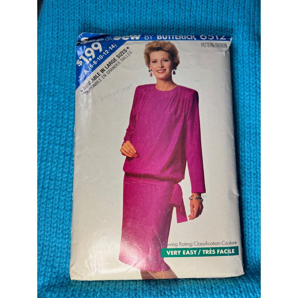 Butterick Sewing pattern 6512 blouse midi straight skirt 1980s size 6 8 10 12 14